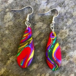 Red abstract- hand painted polymer clay earrings